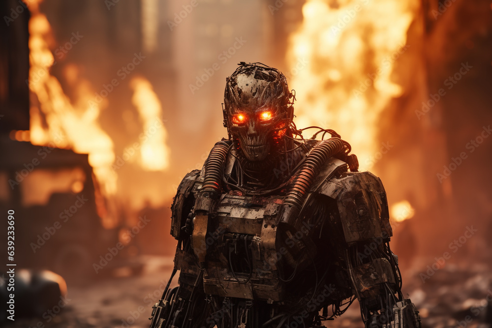 Scary cyborg on fire background, military robot at post apocalypse - obrazy, fototapety, plakaty 