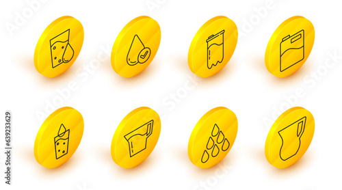 Set line Jug glass with water, Water drop, Glass, Big bottle clean, filter cartridge, and icon. Vector