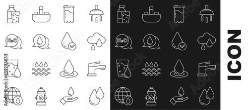 Set line Water drop, tap, Cloud with rain, filter cartridge, Chemical formula for H2O, Bottle of water glass and icon. Vector