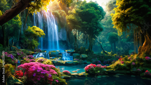 a waterfall shining in the forest with lots of flowers