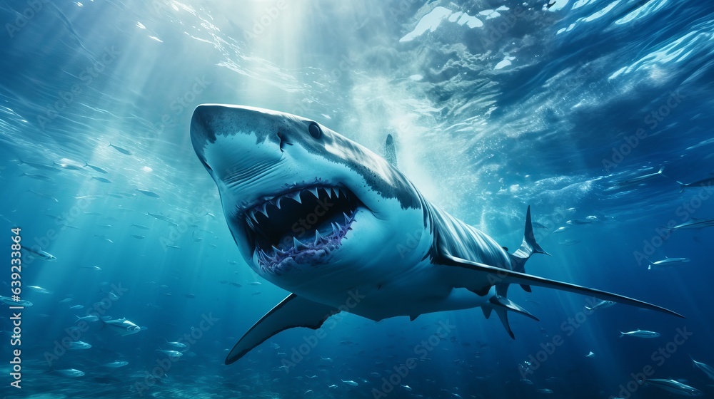 Fototapeta premium a bottom view of an ocean shark. A dangerously open mouthful of teeth. Underwater sea waves are blue, and a shark is swimming forward.