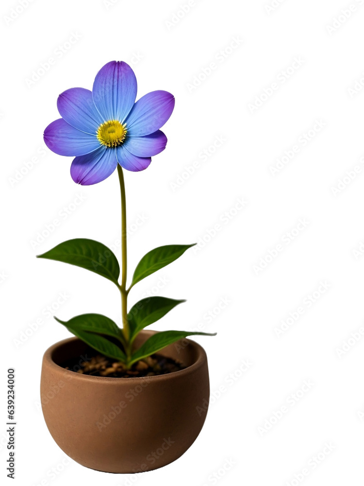 Beautiful blue flowers in a pot, isolated, transparent background, no background. PNG.