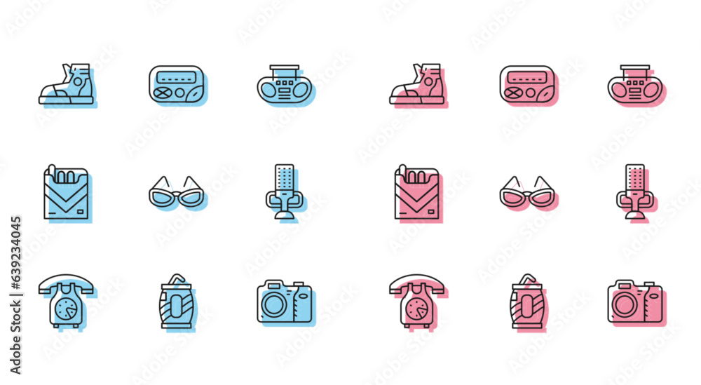 Set line Telephone handset, Soda can with straw, Sport sneakers, Photo camera, Glasses, Microphone, Cigarettes pack box and Pager icon. Vector Set line Telephone handset, Soda can with straw, Sport sneakers, Photo camera, Glasses, Microphone, Cigarettes pack box and Pager icon. Vector