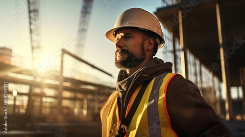 A civil engineer at a construction site wearing a helmet and protective gear inspects a construction site photo