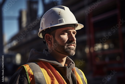 A civil engineer at a construction site wearing a helmet and protective gear inspects a construction site