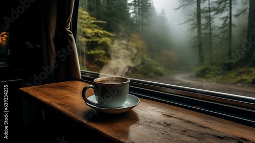 Fotografia Steaming cup of coffee in a van life campervan living the slow life