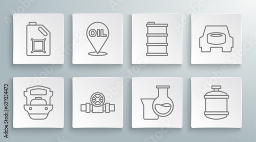 Set line Oil tanker ship, Refill petrol fuel location, Metallic pipes and valve, test tube, Propane gas, Barrel oil, Spare wheel in the car and Canister for motor icon. Vector