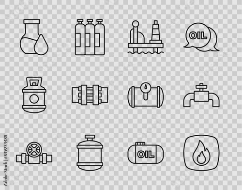 Set line Metallic pipes and valve, Fire flame, Oil platform in the sea, Propane gas tank, petrol test tube, storage and icon. Vector