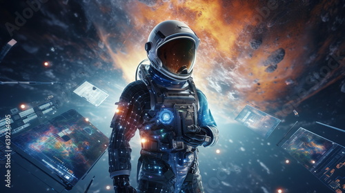 A man in a space-themed suit standing in front of a spaceship or rocket holding a tablet with holographic space images against a background of stars and planets.