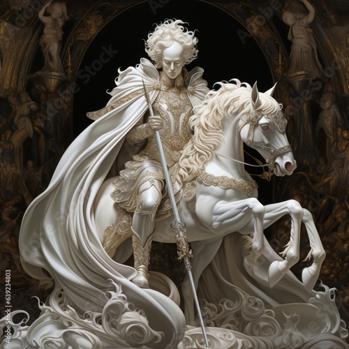 The image of a beautiful queen on a white horse in the palace.Generative AI