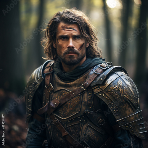 Portrait of a medieval warrior in the forest. Fantasy and fantasy.Generative AI 