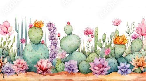 Watercolor seamless border cactus pattern