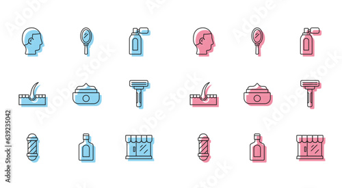 Set line Classic Barber shop pole, Bottle of shampoo, Hairstyle for men, Barbershop building, Gel wax hair styling, Shaving razor, Human follicle and Hand mirror icon. Vector