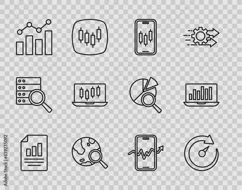 Set line Document with graph chart, Digital speed meter, Mobile stock trading, Search globe, Financial growth, Stocks market graphs, and Laptop icon. Vector