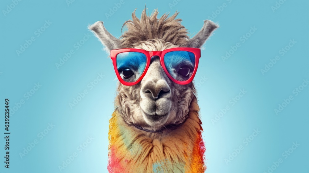 Funny llama wearing sunglasses and colorful scarf on blue background.