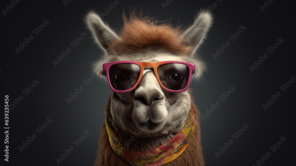 Llama wearing sunglasses and scarf on dark background. 3d rendering