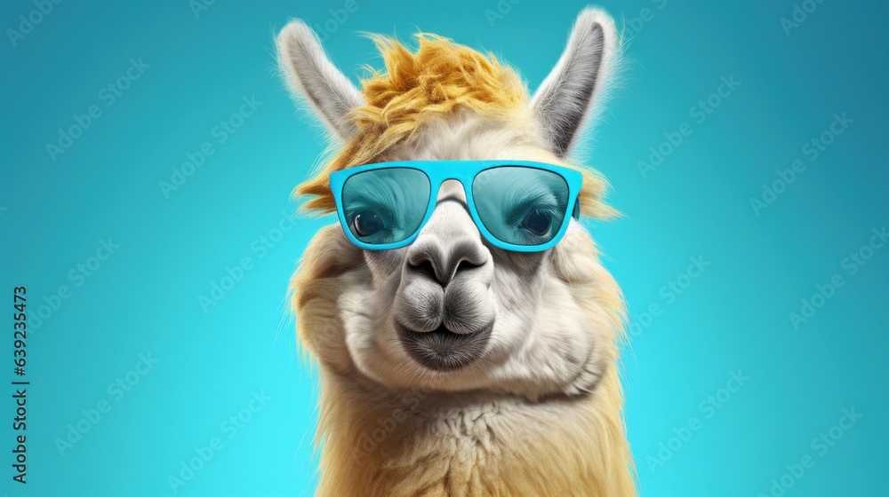 Funny llama with sunglasses on blue background. 3d illustration