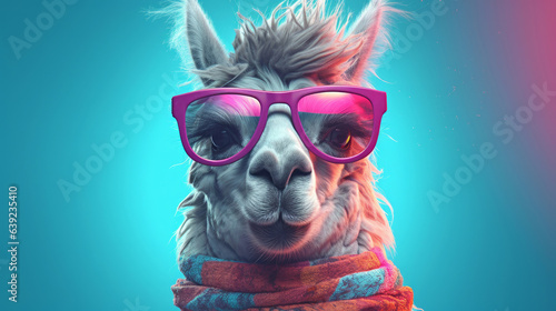 Funny llama with pink sunglasses and scarf on blue background. © paulcannoby