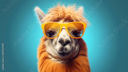 Funny alpaca wearing sunglasses and looking at camera on blue background