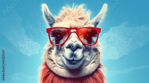 Funny alpaca wearing red sunglasses. Portrait of funny llama.