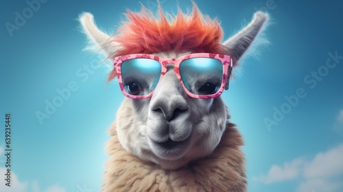 Funny llama wearing sunglasses on blue sky background. Funny animal