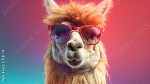Llama with sunglasses on a colorful background. 3d rendering