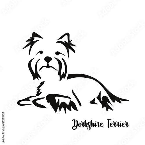 Lying stylized Yorkshire terrier. Vector drawing of a small dog with a haircut and hypoallergenic hair. Animal Gestalt Design
