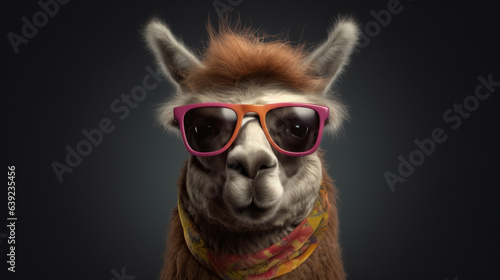 Llama wearing sunglasses and scarf on dark background. 3d rendering