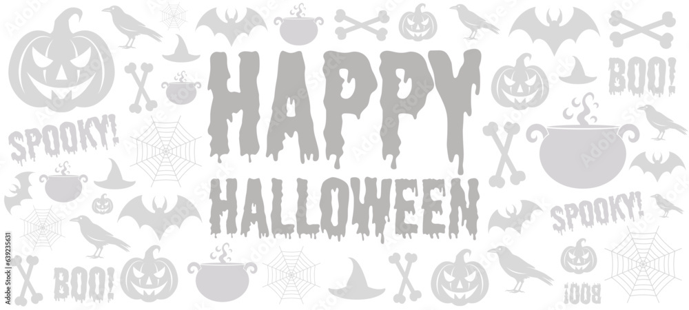 Happy halloween banner. White halloween background with pumpkin, bat, bones, crow, caldron. Halloween theme.
