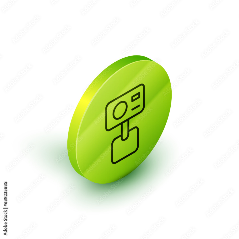 Isometric line Action extreme camera icon isolated on white background. Video camera equipment for filming extreme sports. Green circle button. Vector Isometric line Action extreme camera icon isolated on white background. Video camera equipment for filming extreme sports. Green circle button. Vector