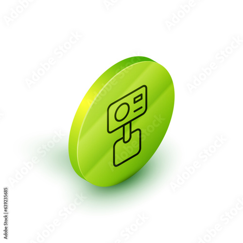 Isometric line Action extreme camera icon isolated on white background. Video camera equipment for filming extreme sports. Green circle button. Vector