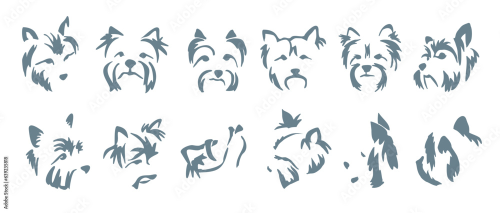 Set of different expressions of a Yorkshire terrier muzzle. Vector drawing of the head of a small dog. Gestalt animal design Set of different expressions of a Yorkshire terrier muzzle. Vector drawing of the head of a small dog. Gestalt animal design