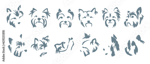 Set of different expressions of a Yorkshire terrier muzzle. Vector drawing of the head of a small dog. Gestalt animal design