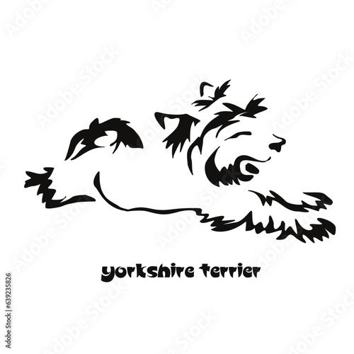 Lying stylized Yorkshire terrier. Vector drawing of a small dog with a haircut and hypoallergenic hair. Animal Gestalt Design