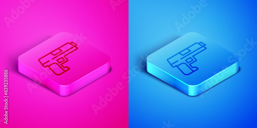 Isometric line Pistol or gun icon isolated on pink and blue background. Police or military handgun. Small firearm. Square button. Vector