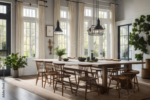 a dining area with a modern farmhouse table and mismatched chairs