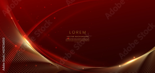 bstract red background with golden lines and lighting effect. Luxury design style.