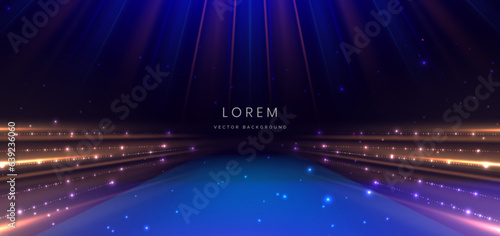 Elegant blue stage background with blue dot neon line and lighting effect sparkle. Luxury template award design.