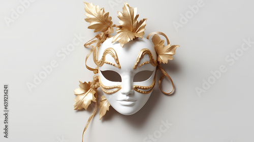 Theatrical white plaster mask with a gold pattern on a white background.