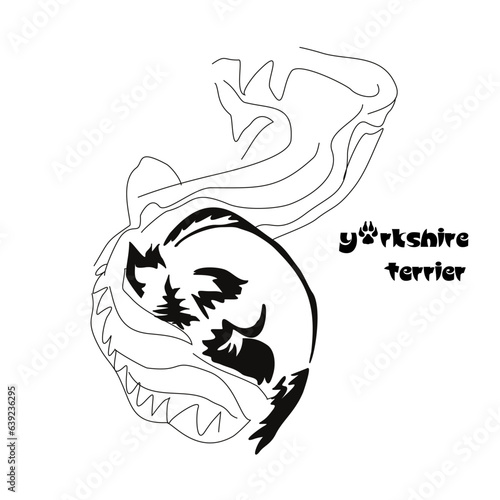Lying stylized Yorkshire terrier. Vector drawing of a small dog with a haircut and hypoallergenic hair. Animal Gestalt Design
