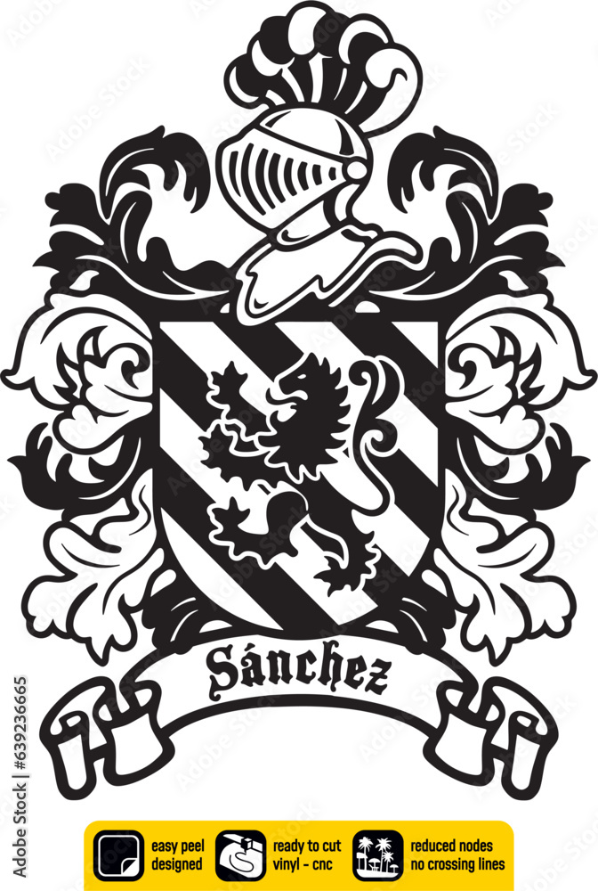 Escudo de Armas Sello Heráldico Apellido Sánchez Heráldica Española Blasón Símbolo Antigua Familia Historia Genealogía