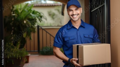 A smiling parcel deliverer, a postman with a box in his hands. © Vadim