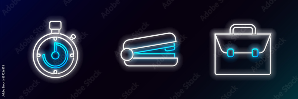 Set line Briefcase, and Office stapler icon. Glowing neon. Vector Set line Briefcase, and Office stapler icon. Glowing neon. Vector