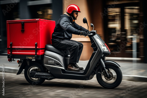 Delivery man package scooter car motorcycle online speed fast box service courier