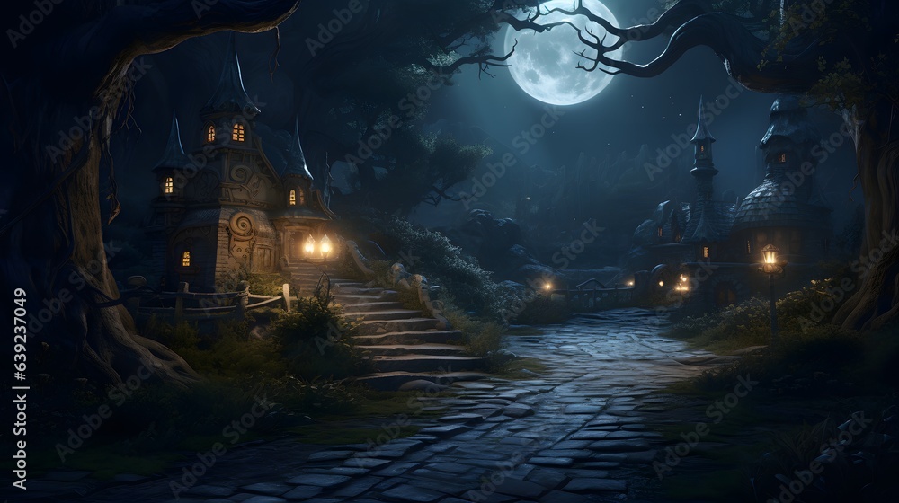 Illustration of a mysterious castle at night with a captivating pathway leading towards it
