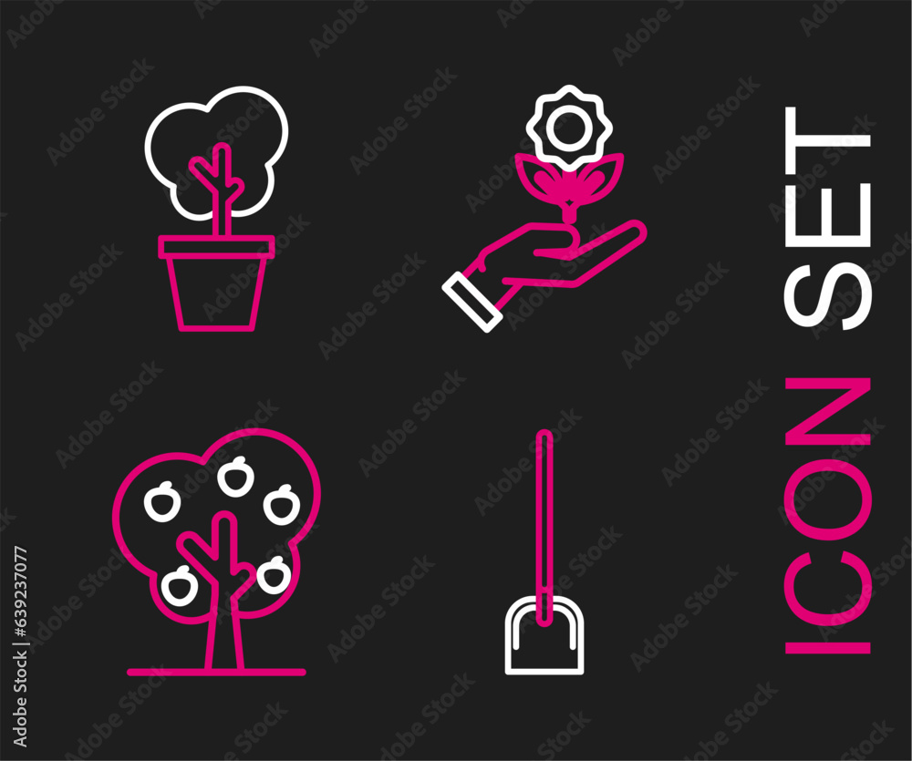 Set line Shovel, Tree with apple, Hand holding flower and pot icon. Vector Set line Shovel, Tree with apple, Hand holding flower and pot icon. Vector