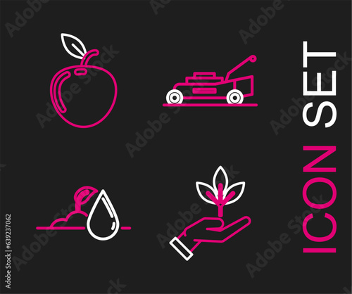 Set line Plant in hand of environmental protection, Watering sprout, Lawn mower and Apple icon. Vector