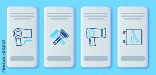 Set line Crossed shaving razor, Hair dryer, and Barbershop with icon. Vector