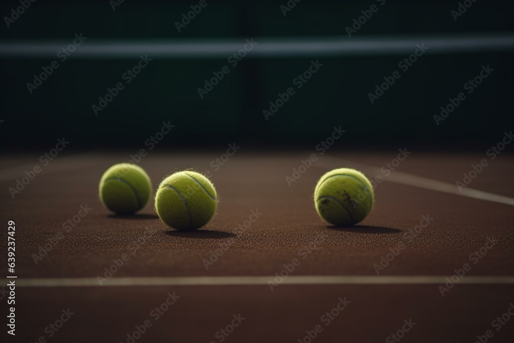 Three tennis balls on court. Generative AI