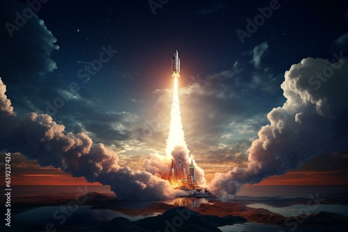 Rocket launching into vast cosmos. Represents space exploration. Generative AI